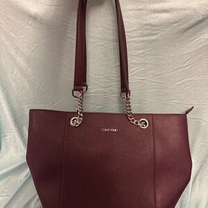 Calvin Klein Deep Burgundy Tote with Chain Accents